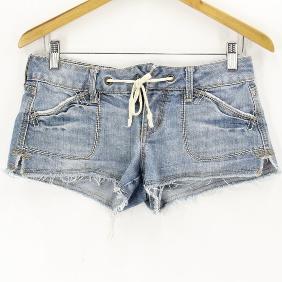 Hint Jeans Shorts Women's Blue Denim Drawstring Cuffed Denim Distressed Size 1" - Picture 1 of 7